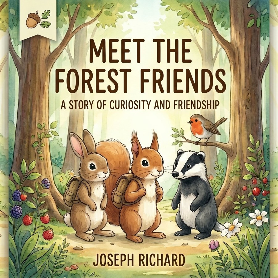 Meet the Forest Friends book cover showing Benny the bunny, Sammy the squirrel, Bella the badger, and Ruby the robin in a sunlit forest